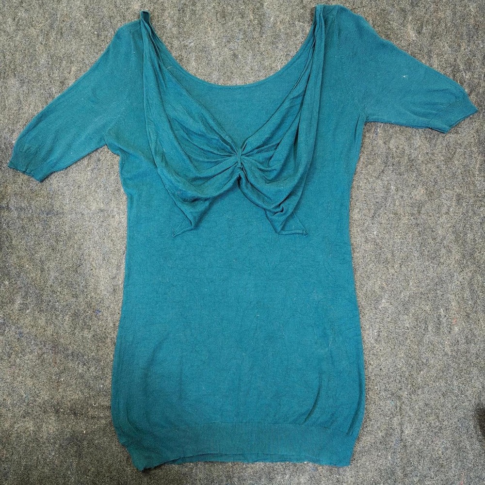 Moda International Women Teal Blue Bow Detail Knit Top Short Sleeve Cotton M